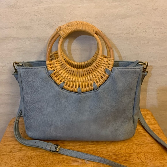Anthropologie Handbags - Anthropologie Marianne Stylish Blue Handbag with Bamboo Handles